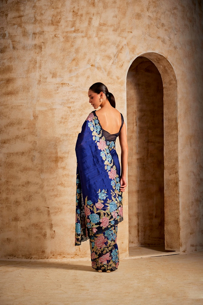 Neerus Royal Blue Color Satin Fabric Saree