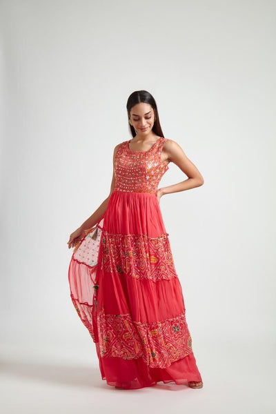 Neerus Women Coral Floral Embroidered Tiered Kurta with Palazzos With Dupatta