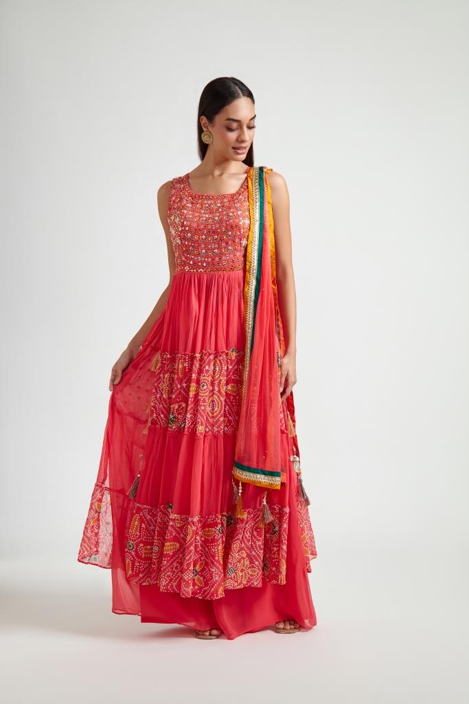 Neerus Pink floral embroidered tiered kurta suit set - front view