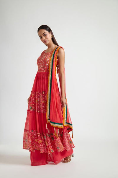 Neerus Women Coral Floral Embroidered Tiered Kurta with Palazzos With Dupatta