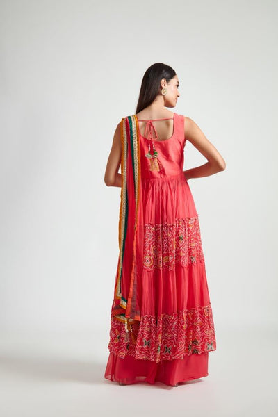 Neerus Women Coral Floral Embroidered Tiered Kurta with Palazzos With Dupatta