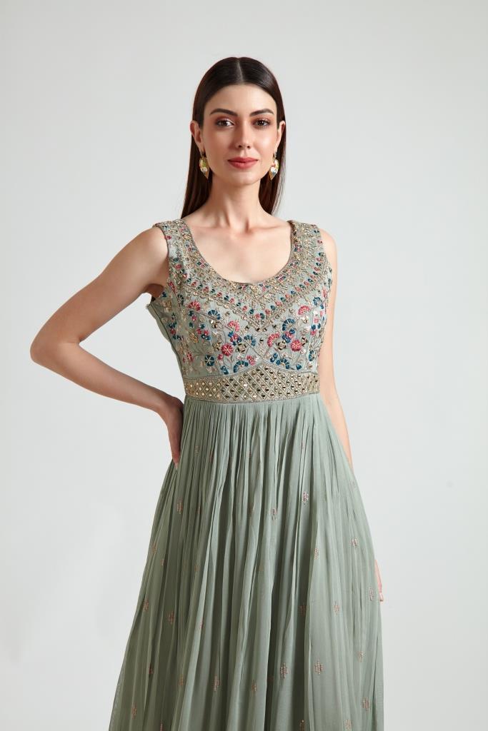 Neerus Pista Green Color Georgette Fabric Gown