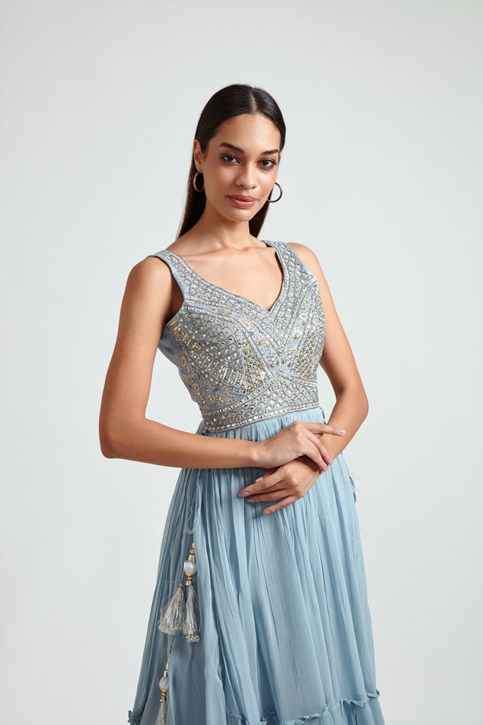 Neerus Grey georgette mirror work suit set - back view