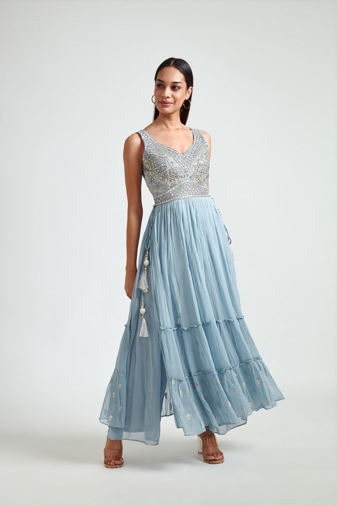 Neerus Grey georgette mirror work suit set - side view