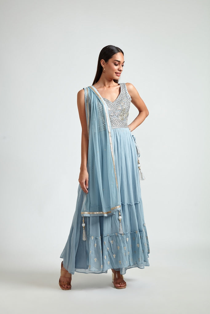 Neerus Grey georgette mirror work suit set - front view