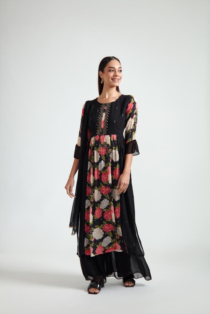 Neerus Black Color Georgette Fabric Suit Set