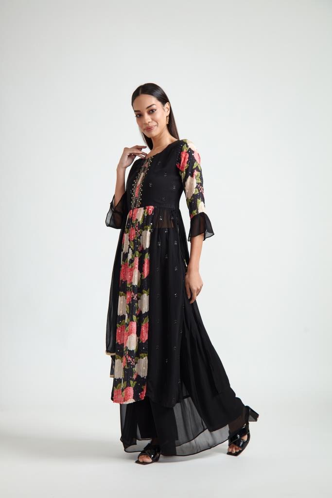 Neerus Black Color Georgette Fabric Suit Set