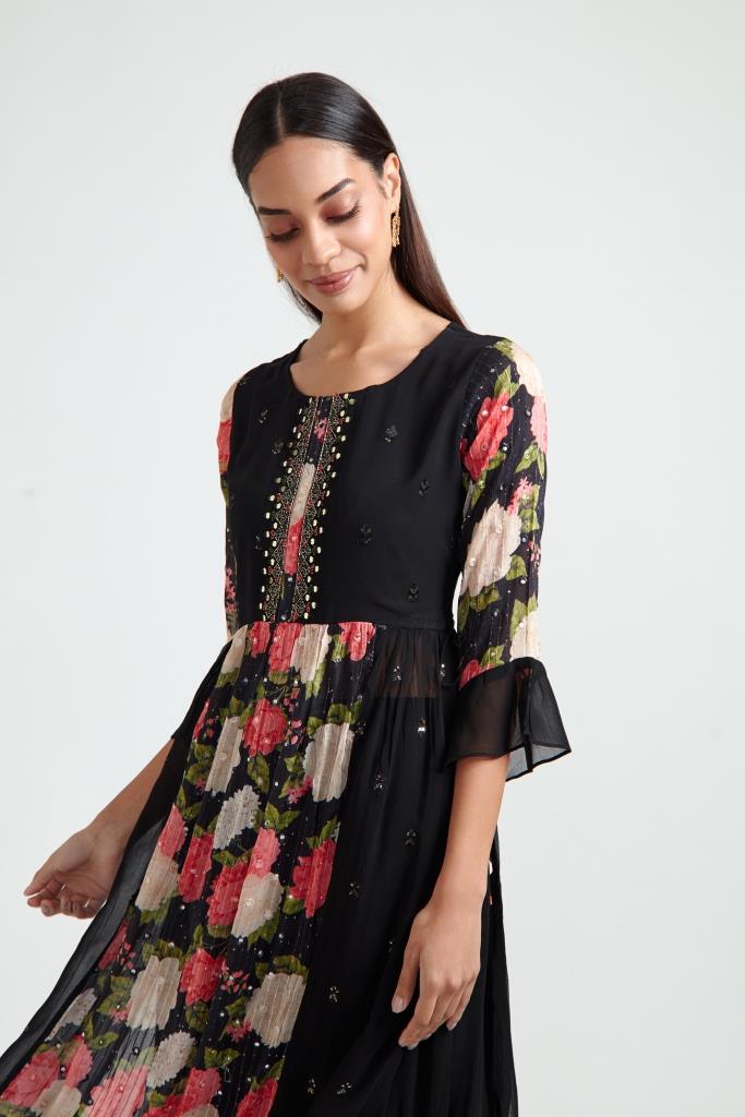 Neerus Black Color Georgette Fabric Suit Set