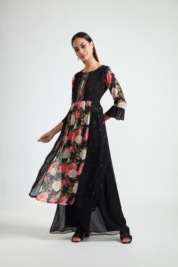 Neerus Black Color Georgette Fabric Suit Set