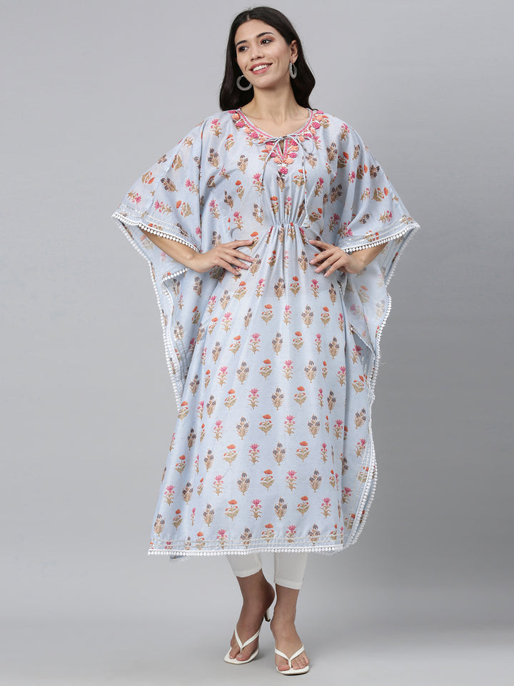 Neerus Women Blue Floral Printed Flared Sleeves Floral Kaftan Kurta