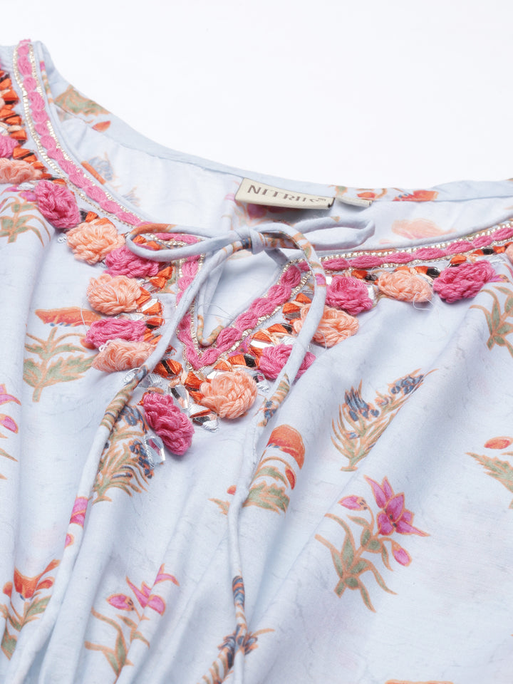 Neerus Women Blue Floral Printed Flared Sleeves Floral Kaftan Kurta