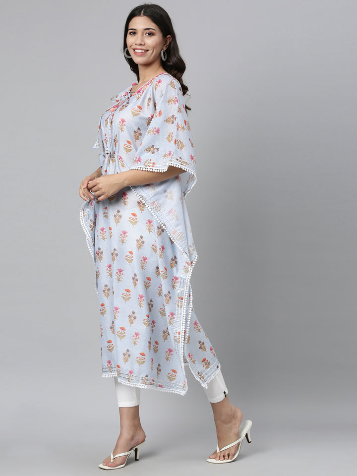 Neerus Women Blue Floral Printed Flared Sleeves Floral Kaftan Kurta