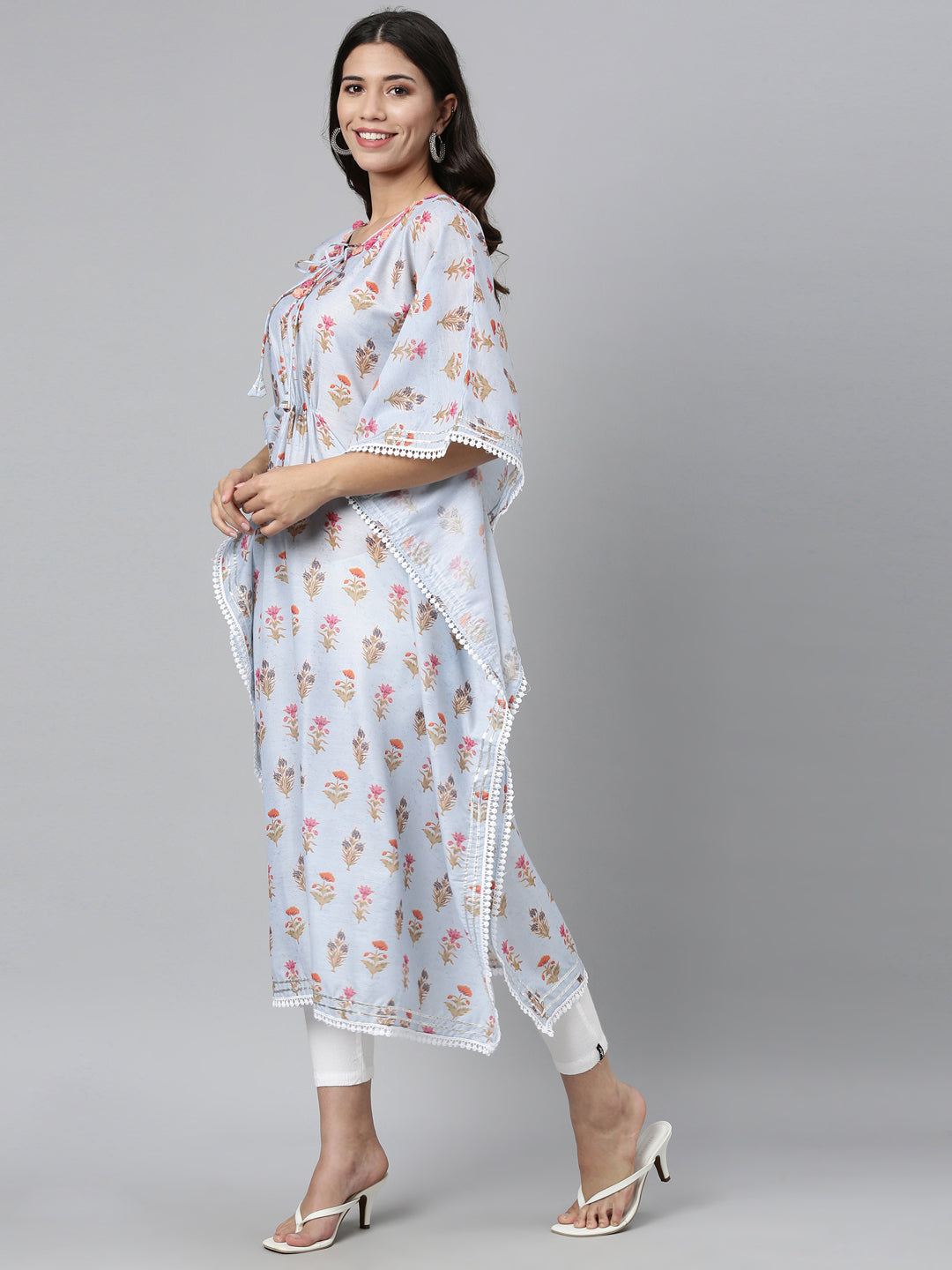 Neerus Women Blue Floral Printed Flared Sleeves Floral Kaftan Kurta