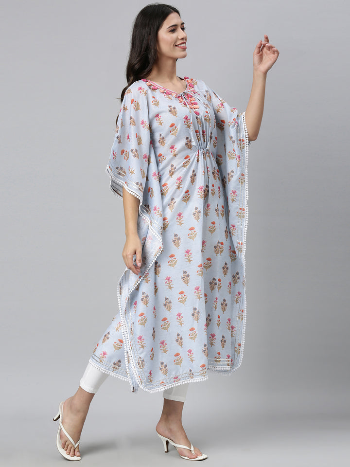 Neerus Women Blue Floral Printed Flared Sleeves Floral Kaftan Kurta