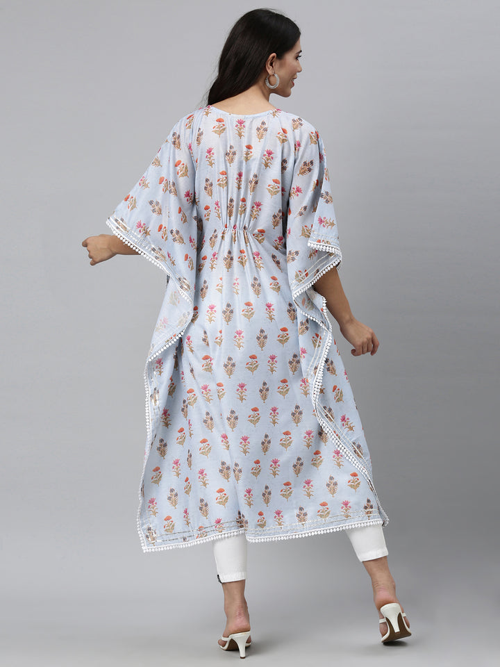 Neerus Women Blue Floral Printed Flared Sleeves Floral Kaftan Kurta