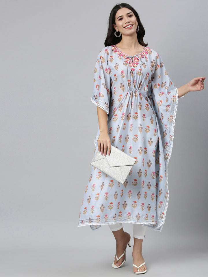 Neerus Women Blue Floral Printed Flared Sleeves Floral Kaftan Kurta