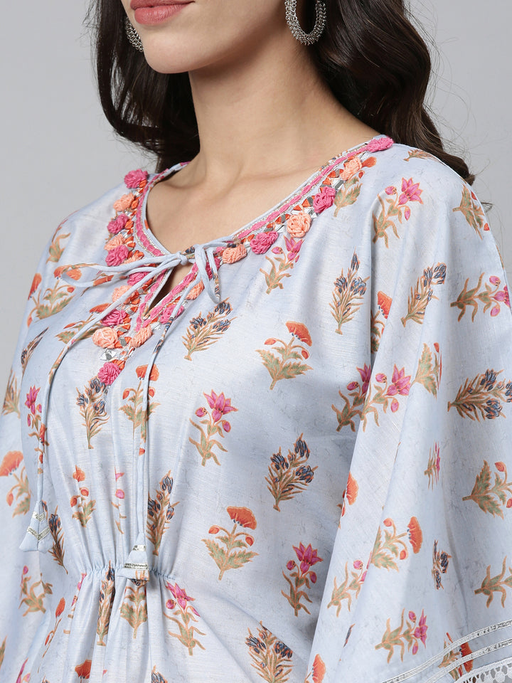 Neerus Women Blue Floral Printed Flared Sleeves Floral Kaftan Kurta