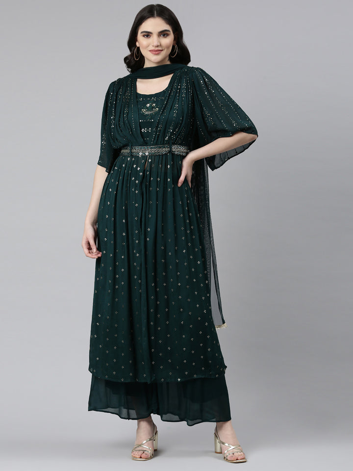 Neerus Green Pleated Straight Embroidered Kurta And Palazzos With Dupatta