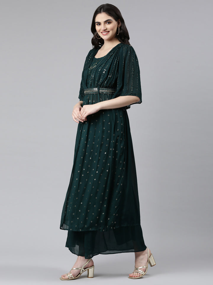 Neerus Green Pleated Straight Embroidered Kurta And Palazzos With Dupatta