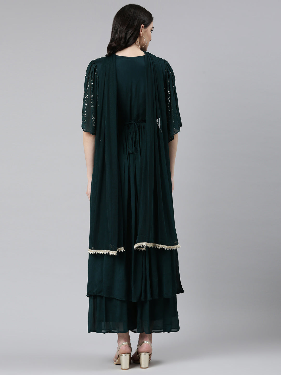 Neerus Green Pleated Straight Embroidered Kurta And Palazzos With Dupatta