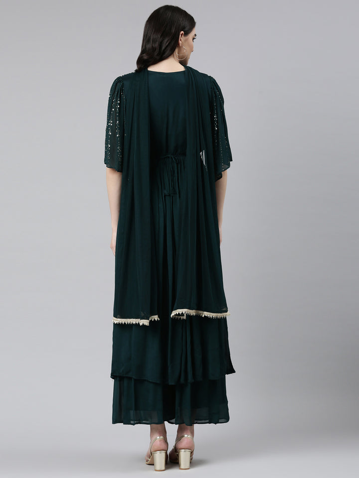 Neerus Green Pleated Straight Embroidered Kurta And Palazzos With Dupatta
