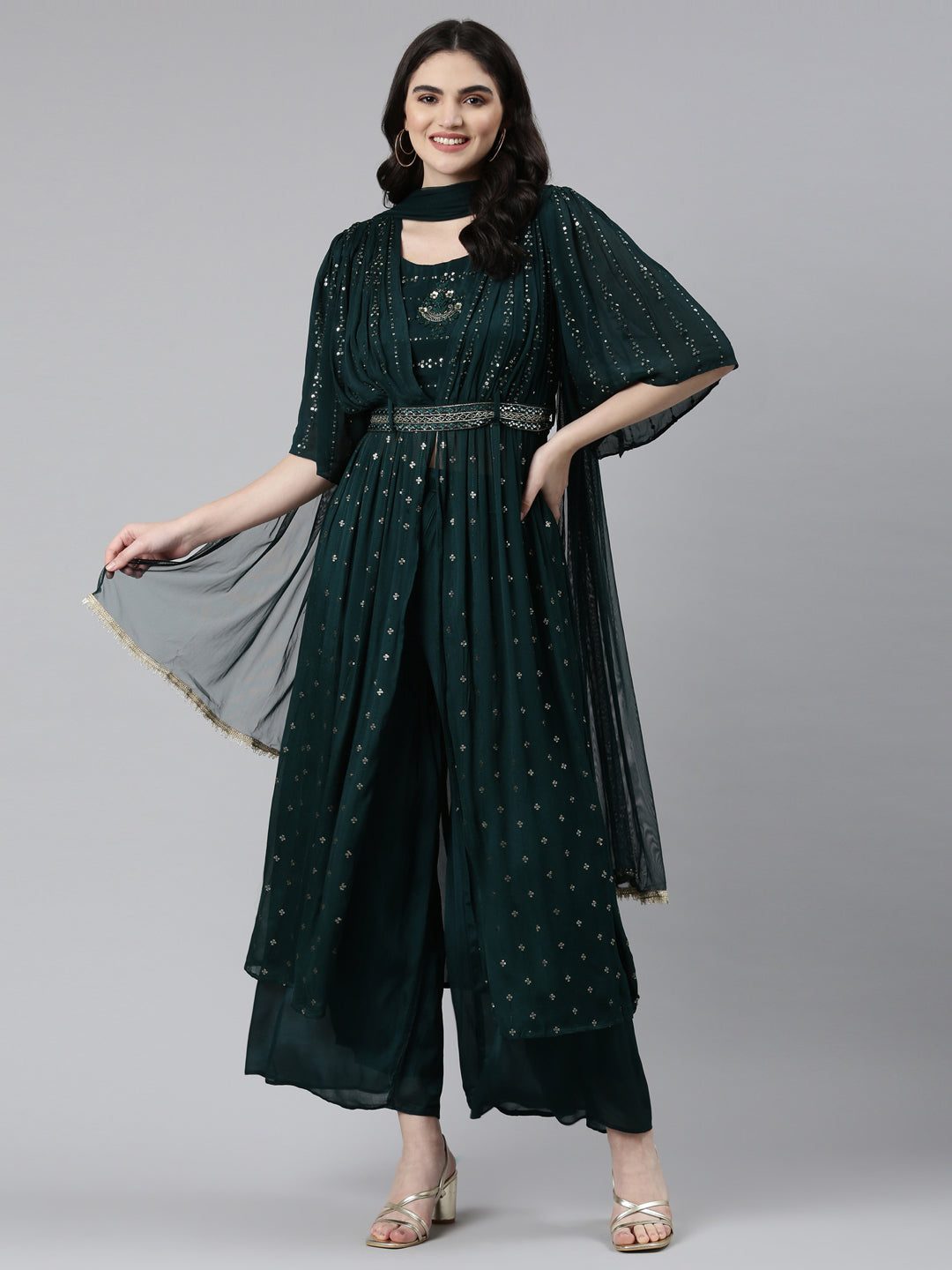 Neerus Green Pleated Straight Embroidered Kurta And Palazzos With Dupatta