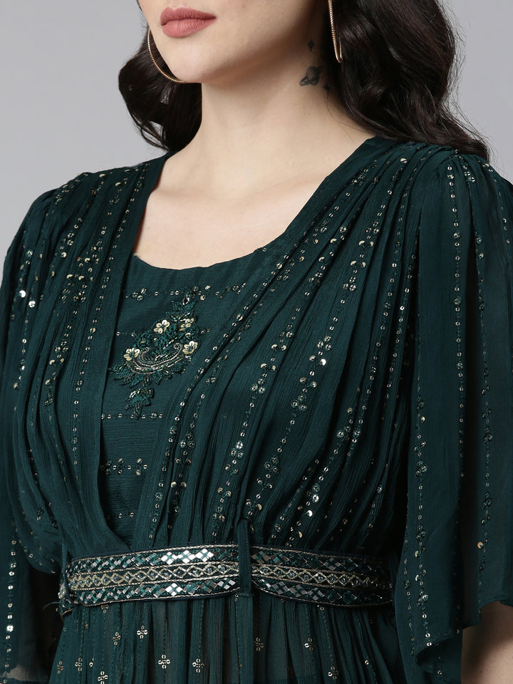 Neerus Green Pleated Straight Embroidered Kurta And Palazzos With Dupatta