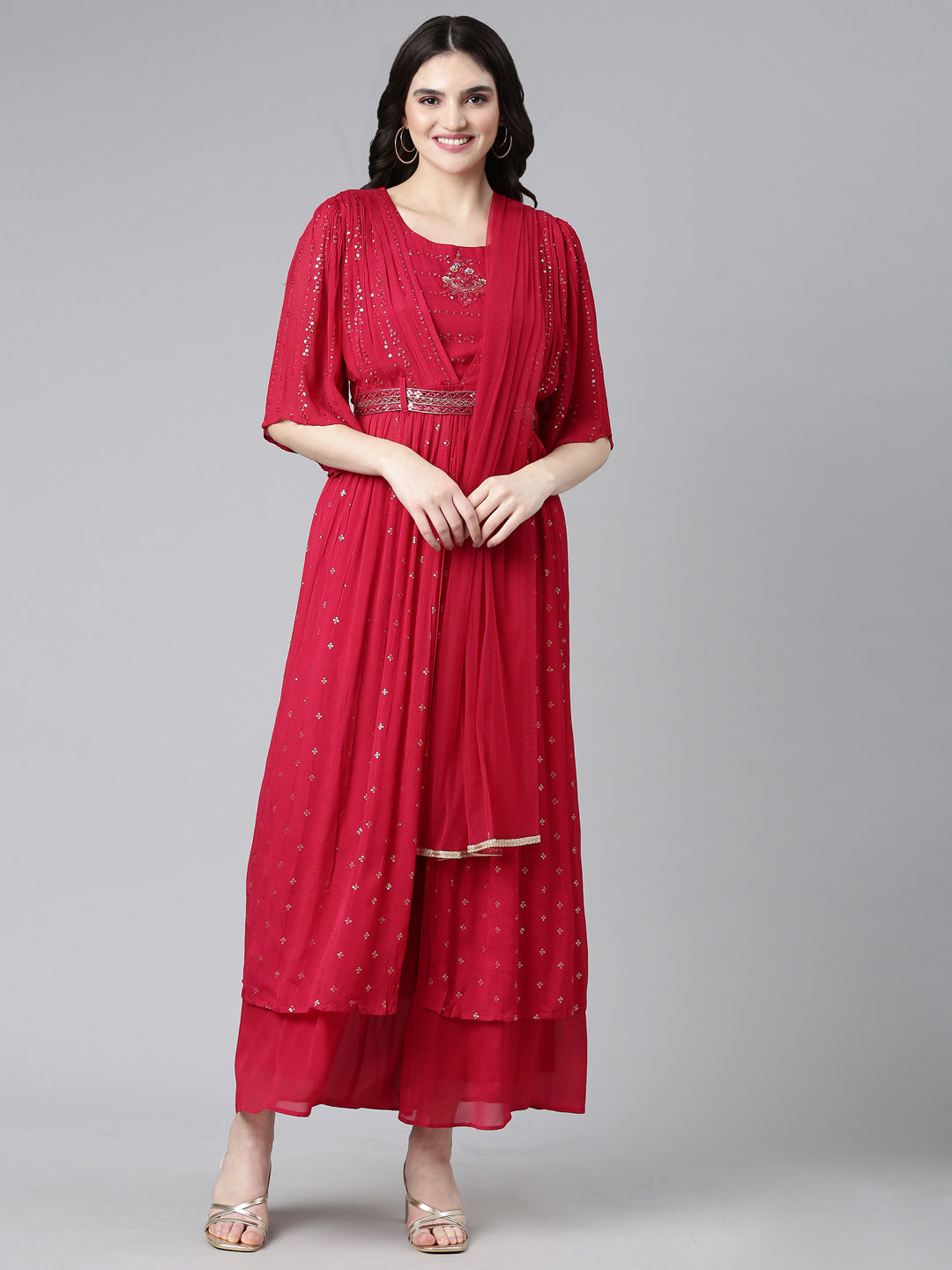 Neerus Red embroidered straight kurta set with palazzo and dupatta - front view