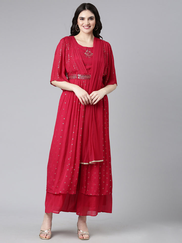 Neerus Red embroidered straight kurta set with palazzo and dupatta - front view