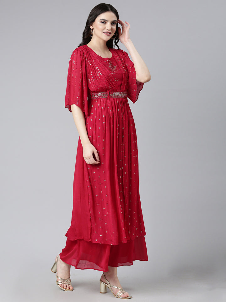 Neerus Red embroidered straight kurta set with palazzo and dupatta - back view
