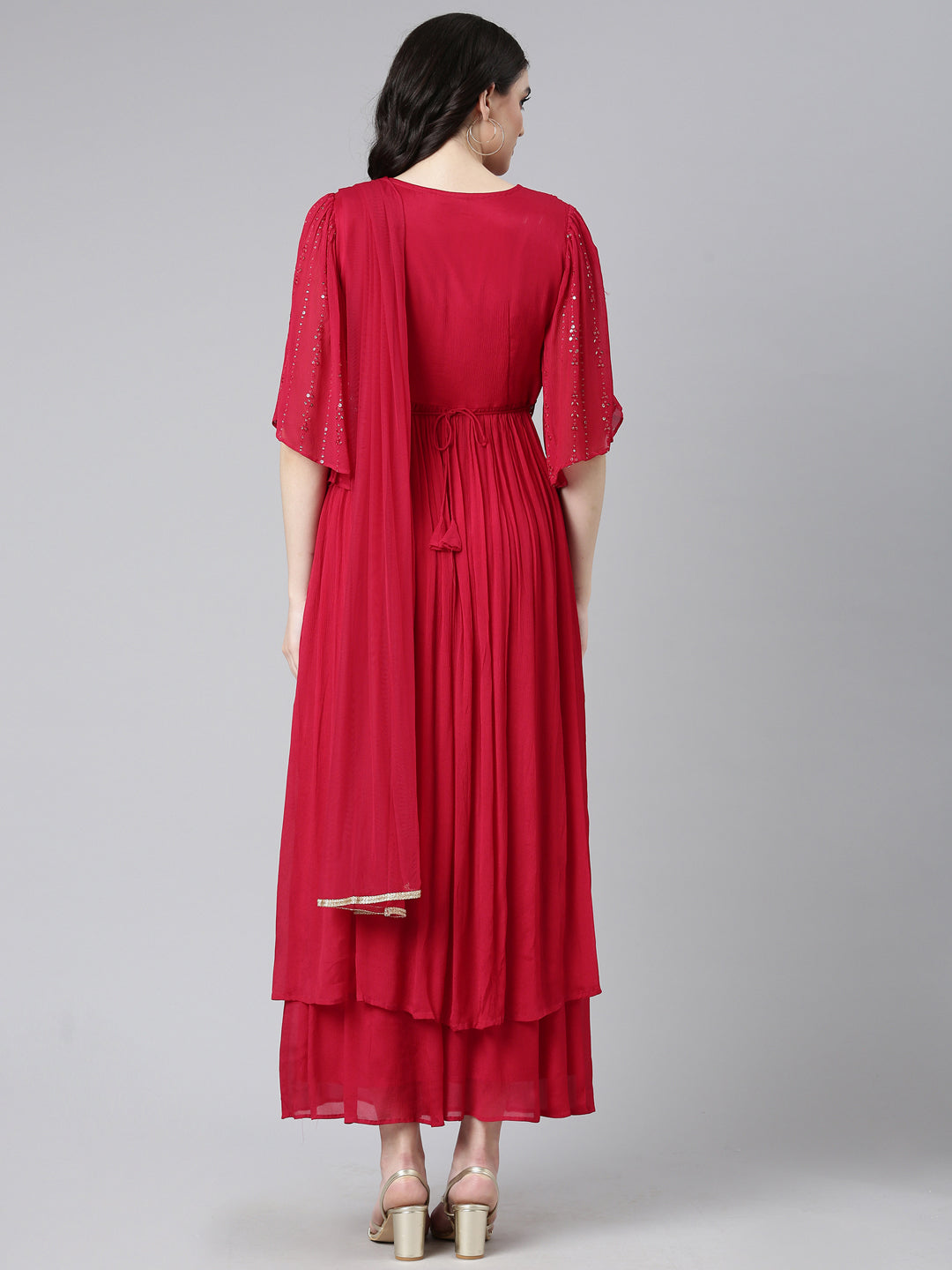 Neerus Red embroidered straight kurta set with palazzo and dupatta - side view
