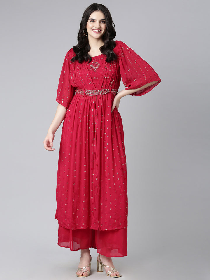 Neerus Red embroidered straight kurta set with palazzo and dupatta - detail view 2