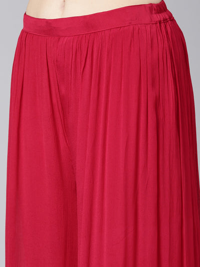 Neerus Red Pleated Straight Embroidered Kurta And Palazzos With Dupatta