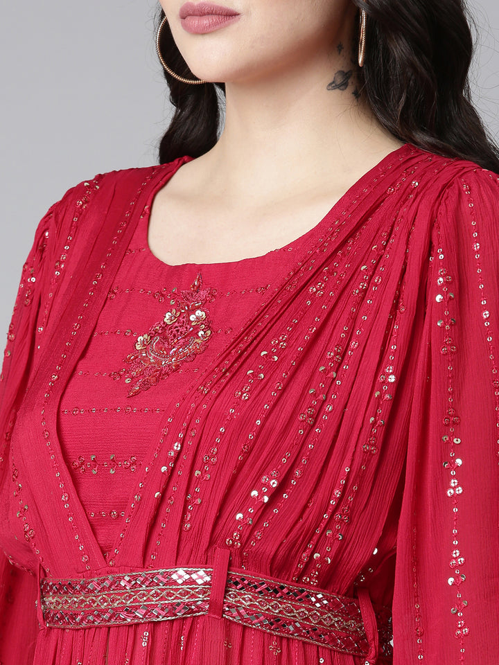 Neerus Red embroidered straight kurta set with palazzo and dupatta - detail view 1
