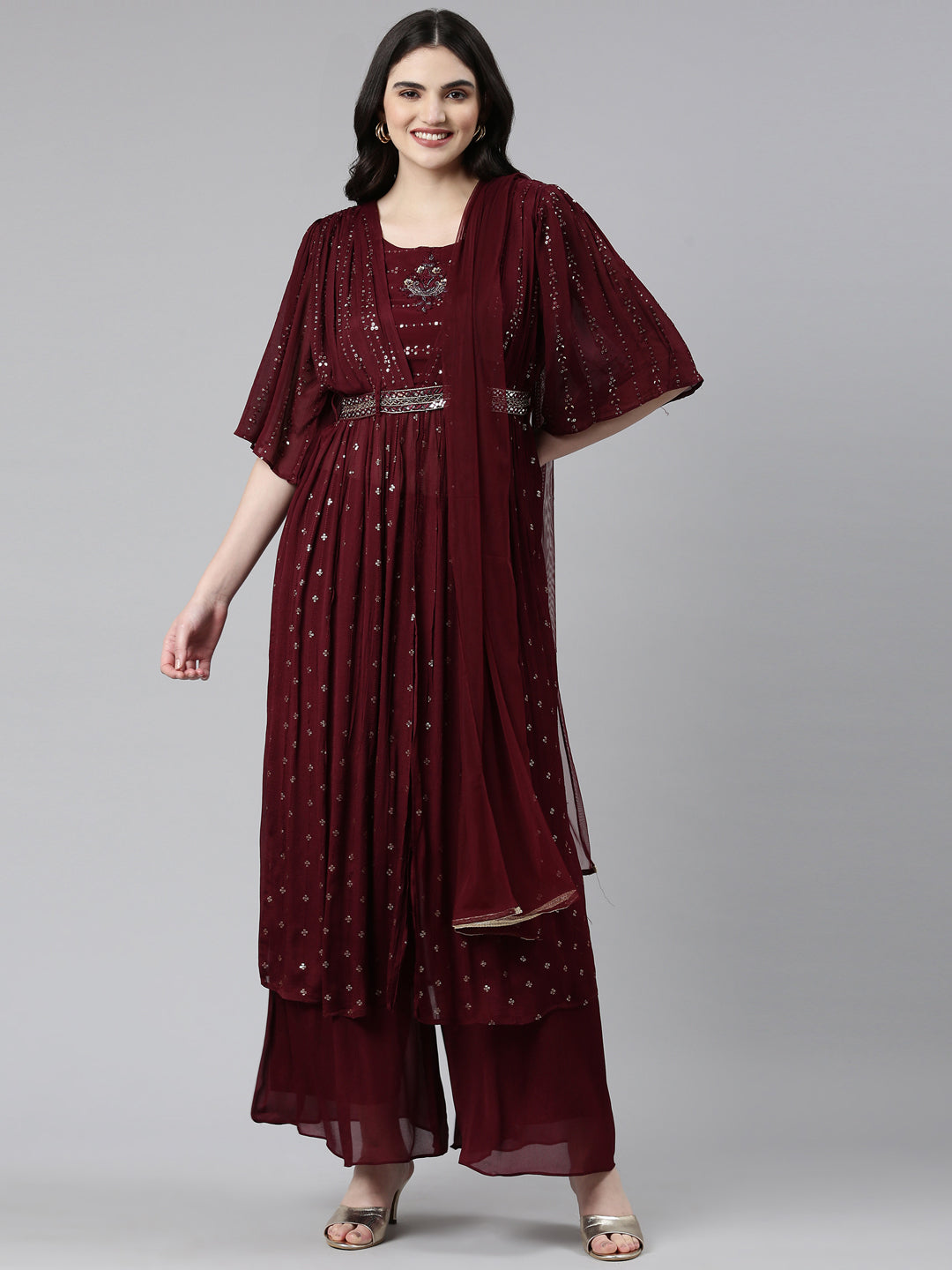 Neerus Maroon embroidered straight kurta set with palazzo and dupatta - front view