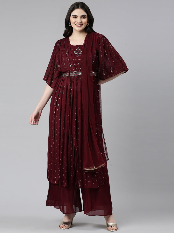 Neerus Maroon embroidered straight kurta set with palazzo and dupatta - front view