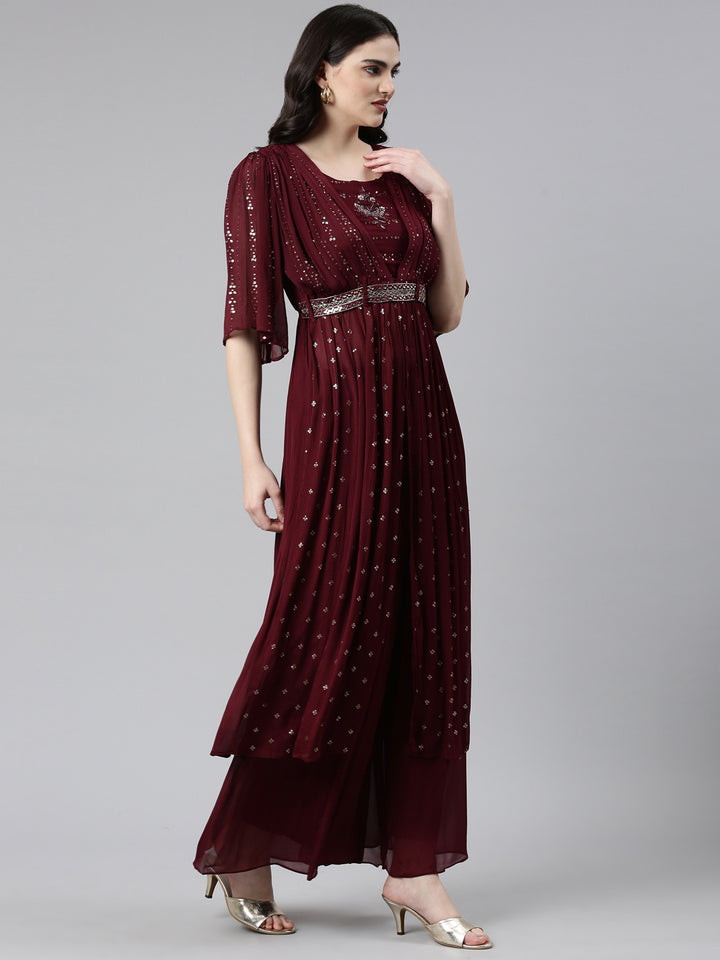 Neerus Maroon embroidered straight kurta set with palazzo and dupatta - back view