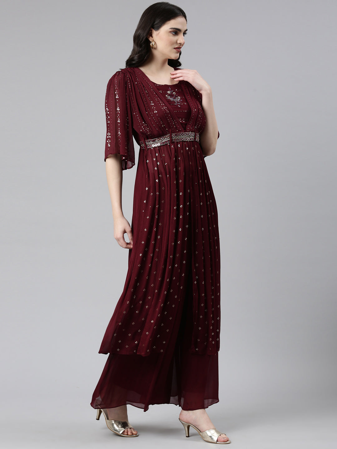 Neerus Burgundy Pleated Straight Embroidered Kurta And Palazzos With Dupatta