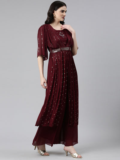 Neerus Burgundy Pleated Straight Embroidered Kurta And Palazzos With Dupatta