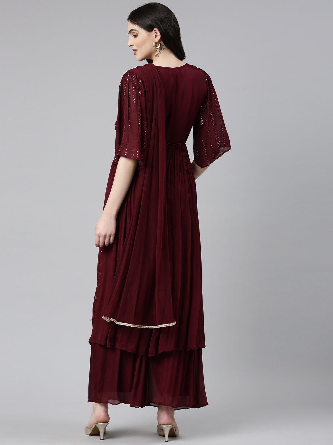 Neerus Burgundy Pleated Straight Embroidered Kurta And Palazzos With Dupatta
