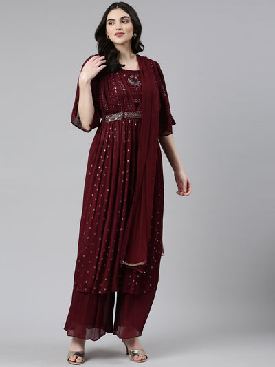 Neerus Burgundy Pleated Straight Embroidered Kurta And Palazzos With Dupatta