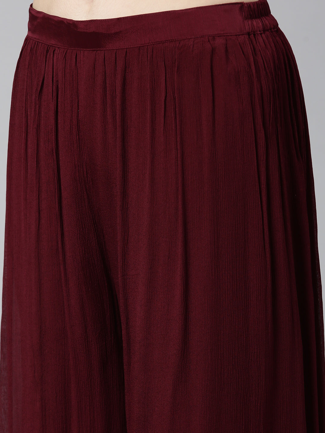 Neerus Burgundy Pleated Straight Embroidered Kurta And Palazzos With Dupatta