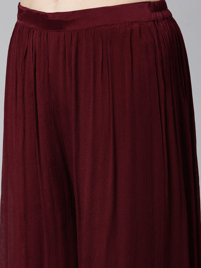 Neerus Burgundy Pleated Straight Embroidered Kurta And Palazzos With Dupatta