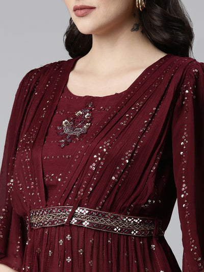 Neerus Burgundy Pleated Straight Embroidered Kurta And Palazzos With Dupatta