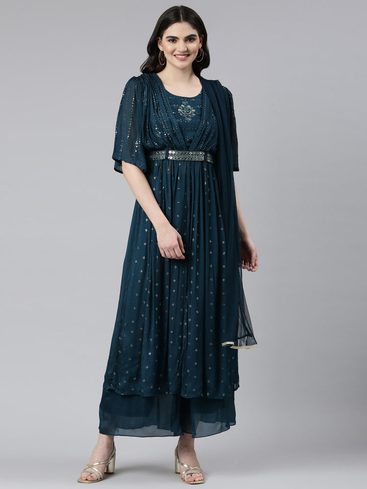 Neerus Green Pleated Straight Embroidered Kurta And Palazzos With Dupatta