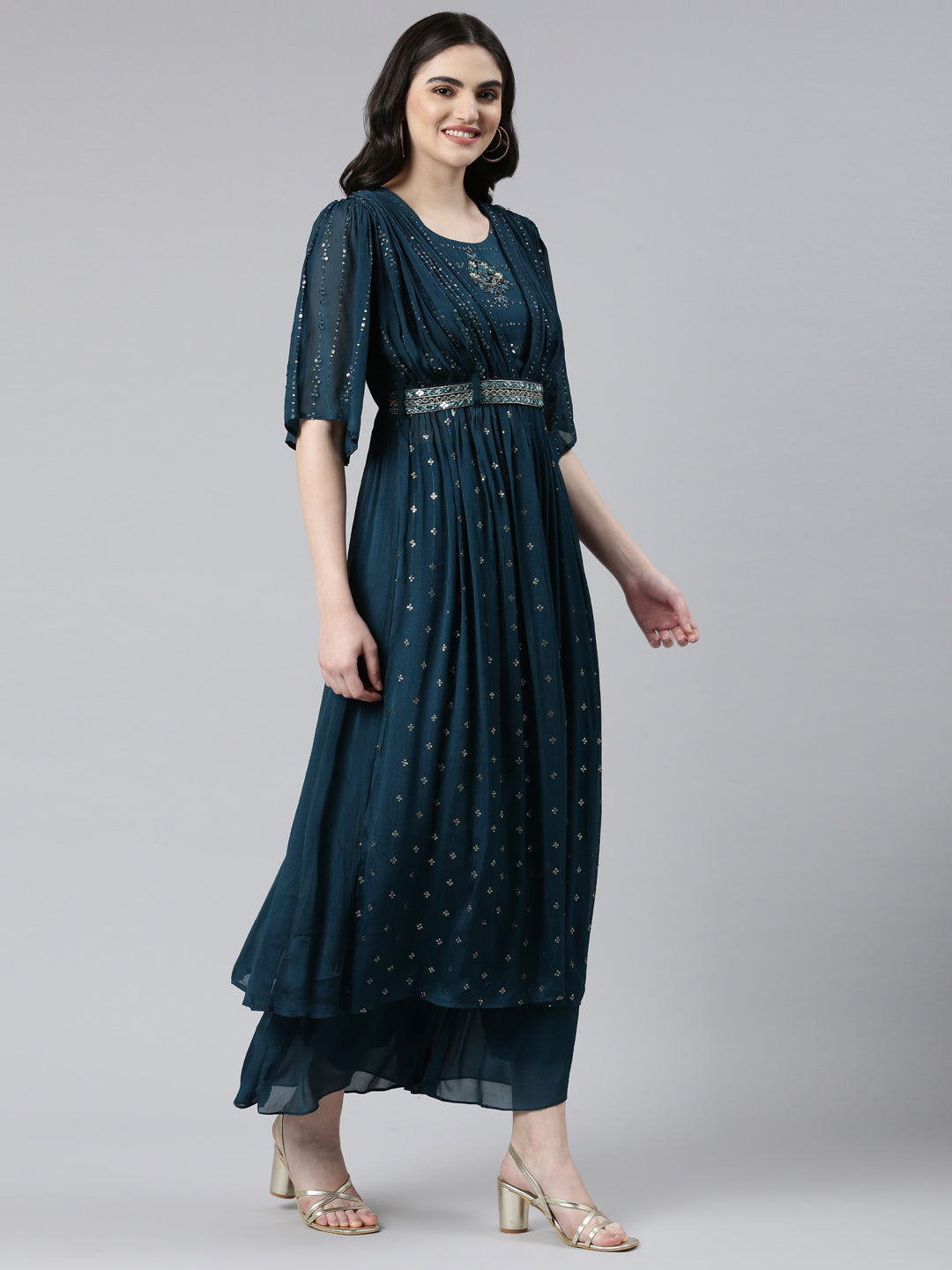 Neerus Green Pleated Straight Embroidered Kurta And Palazzos With Dupatta