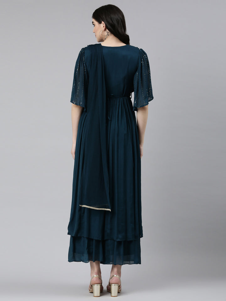 Neerus Green Pleated Straight Embroidered Kurta And Palazzos With Dupatta