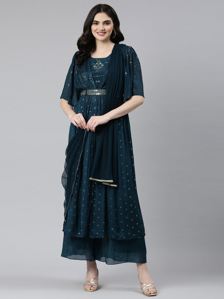 Neerus Green Pleated Straight Embroidered Kurta And Palazzos With Dupatta