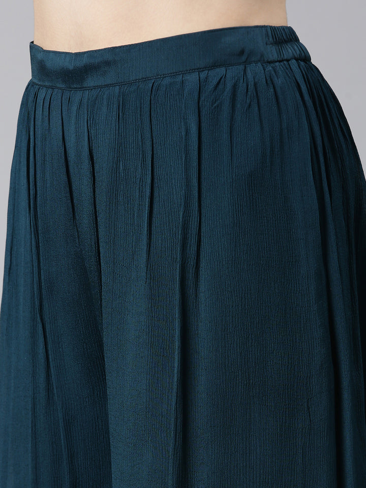 Neerus Green Pleated Straight Embroidered Kurta And Palazzos With Dupatta