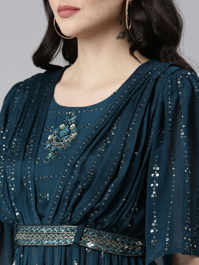 Neerus Green Pleated Straight Embroidered Kurta And Palazzos With Dupatta